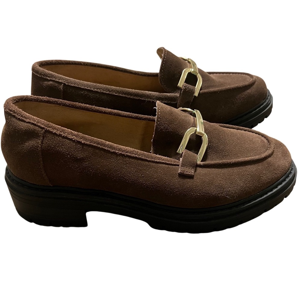 Kelly & Katie Major Loafers Women's Brown Suede Gold Buckle Chunky Shoes 6.5M